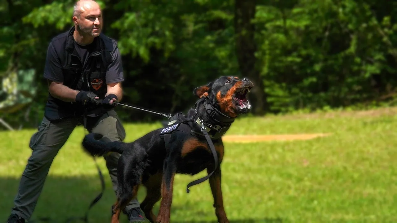 A Rottweiler service dog named Popeye barking fiercely while held on a leash by a handler in a green outdoor setting.