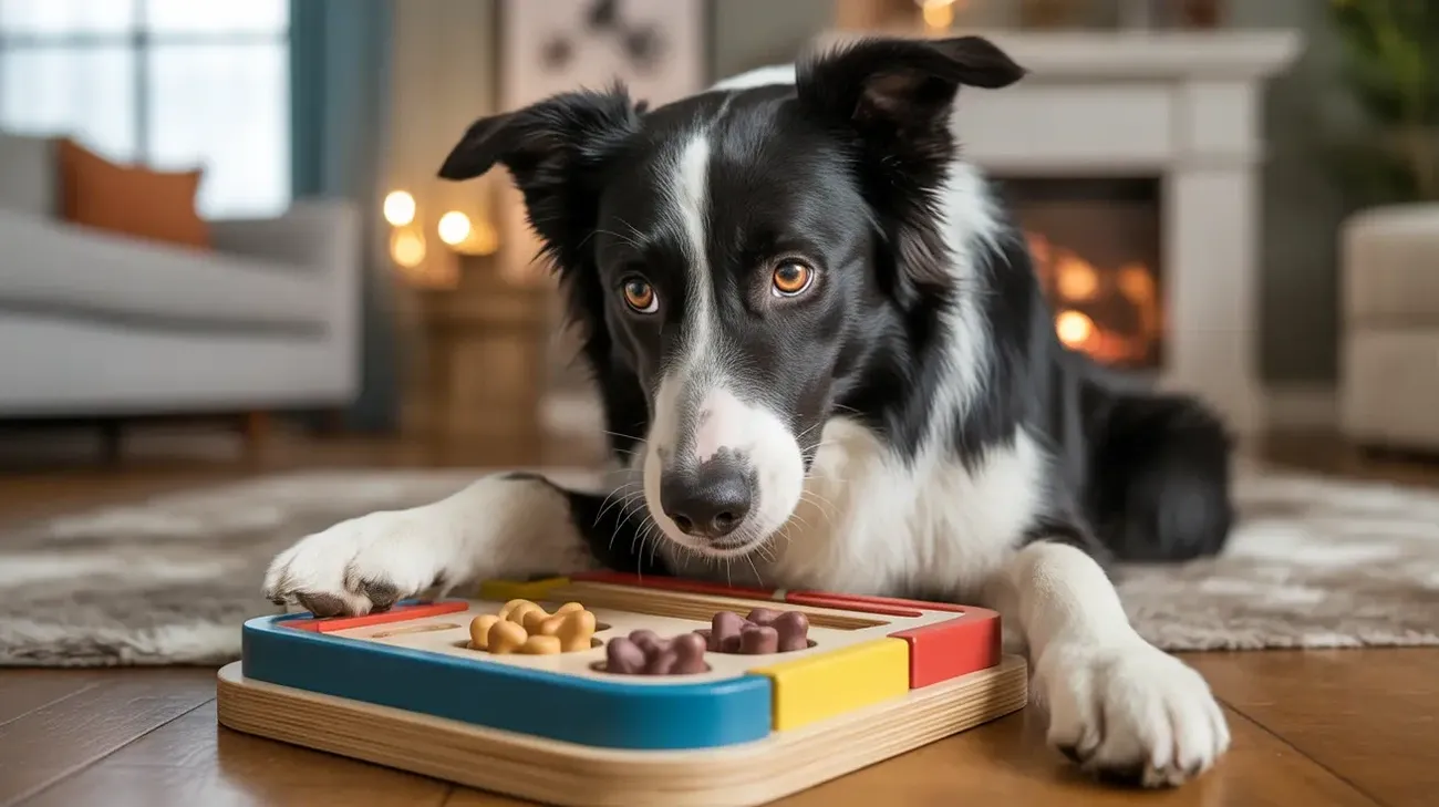 A black and white dog focused on solving a colorful puzzle toy indoors for mental stimulation.