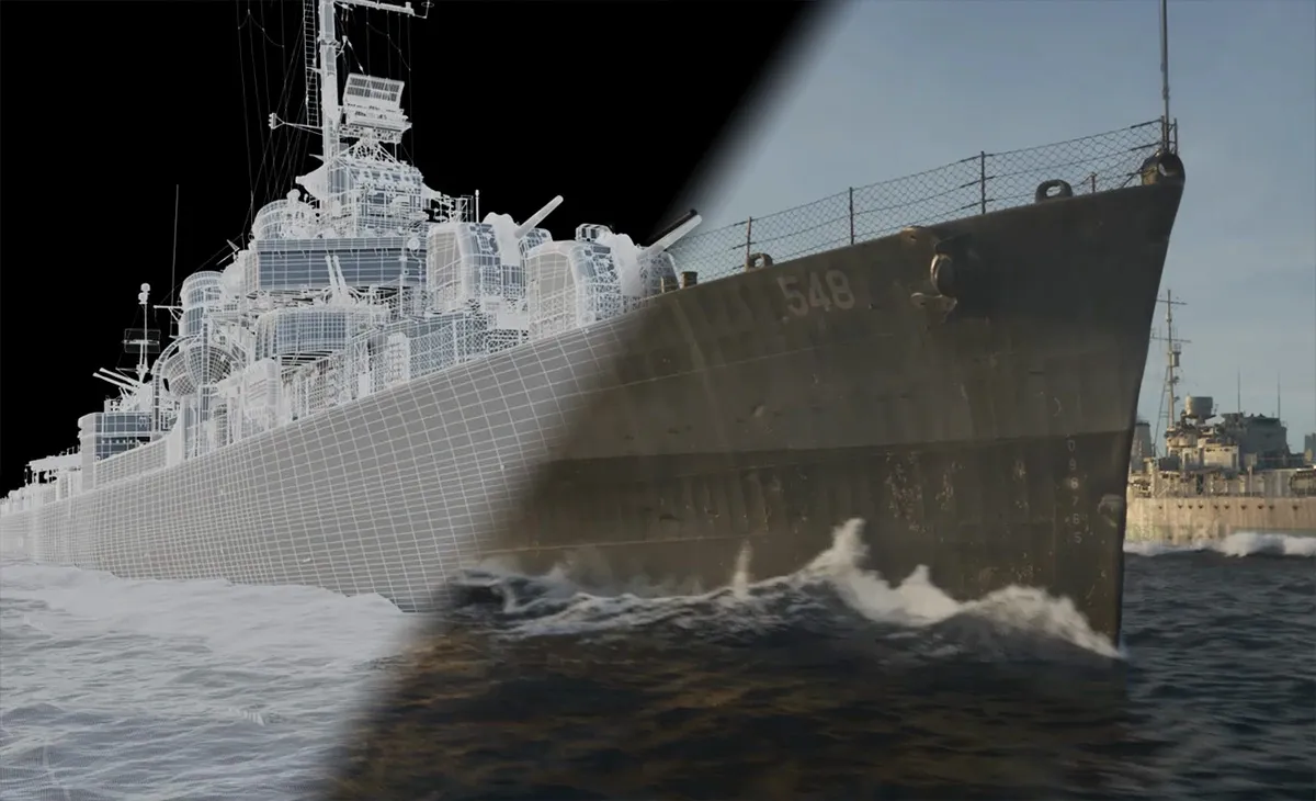 Side-by-side comparison of Greyhound ship showing VFX wireframe on left and final rendered image on right with ocean waves.