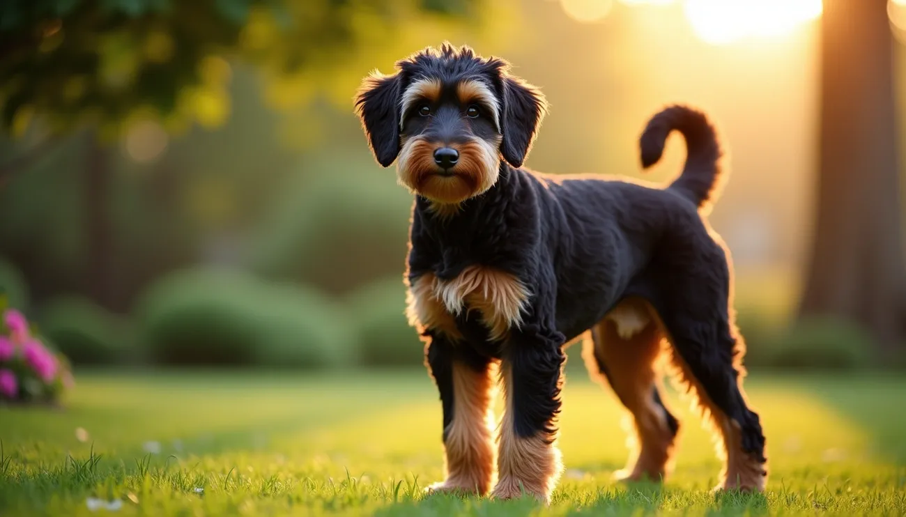 A black and tan Airedoodle dog standing on grass with a blurred garden and warm sunlight in the background.