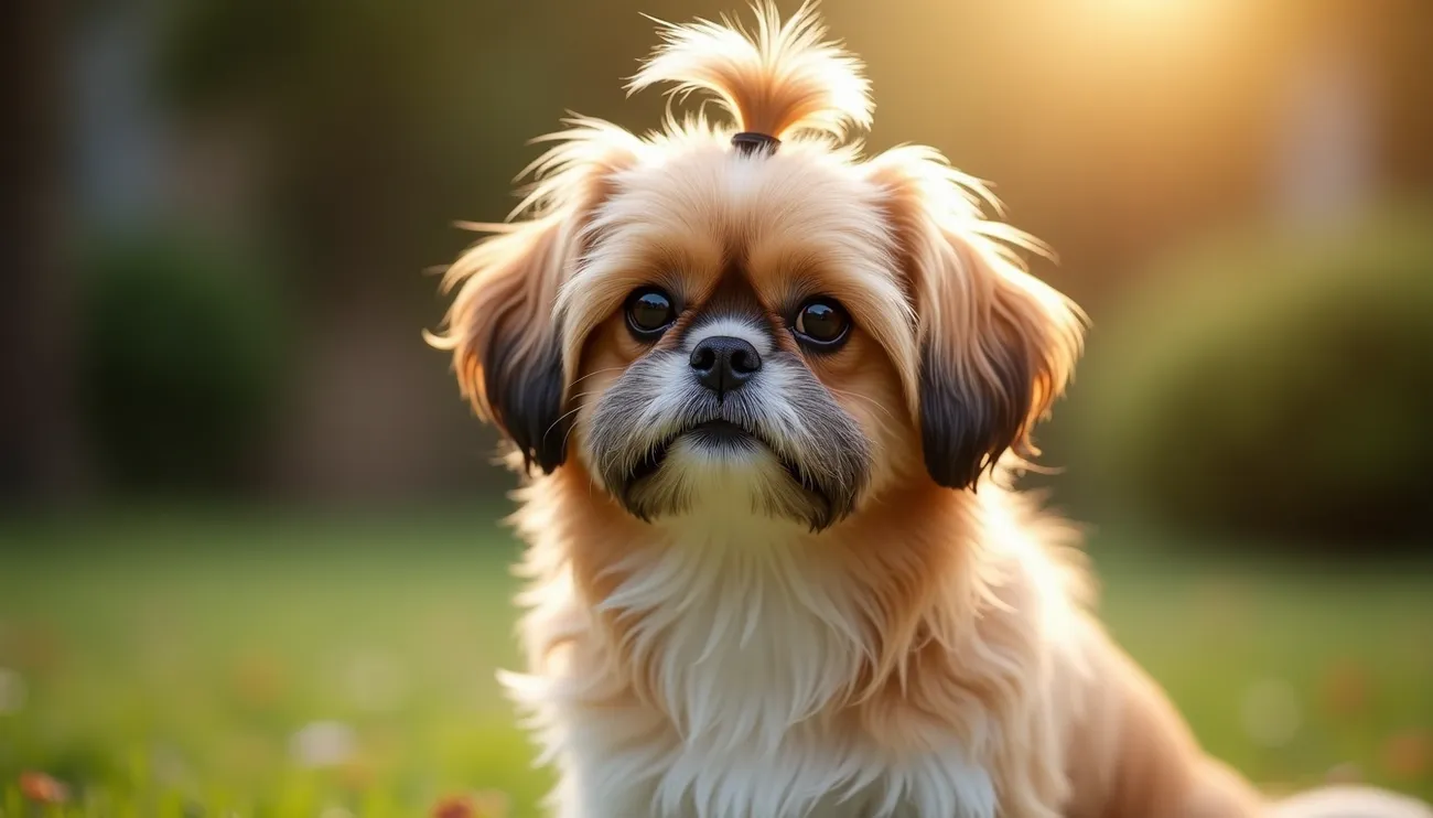 Fluffy Shih Tzu dog with a topknot sitting outdoors on grass at sunset with a blurred background.