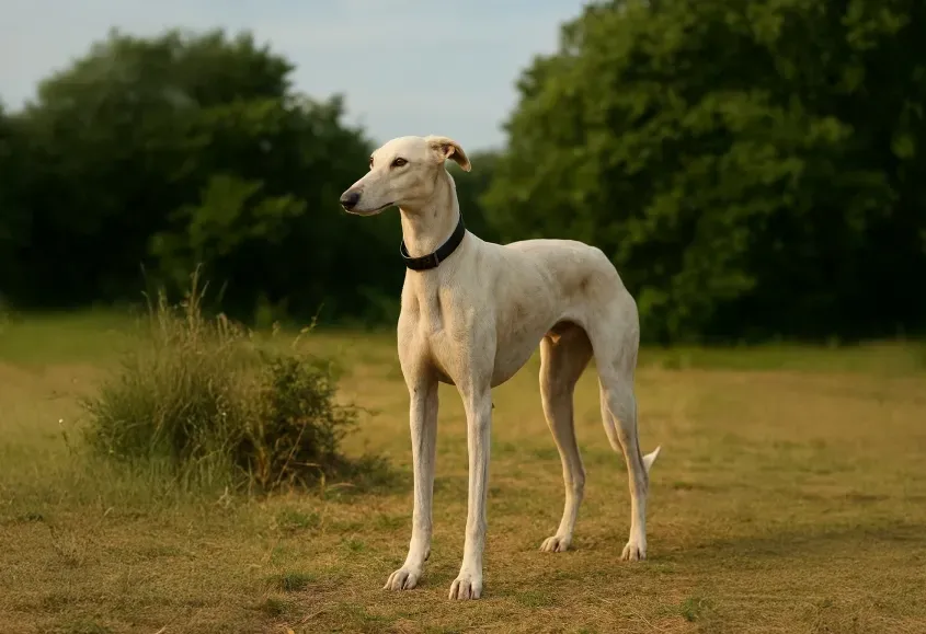 Mudhol Hound dog standing alert on a grassy field with trees in the background during daylight.