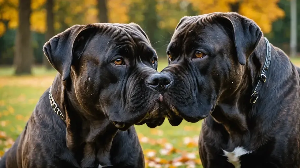 Two black Cane Corso dogs gently touching noses in a peaceful autumn park setting.