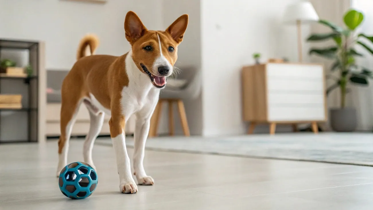 Brown and white dog standing on a floor next to a blue ball in a modern living room