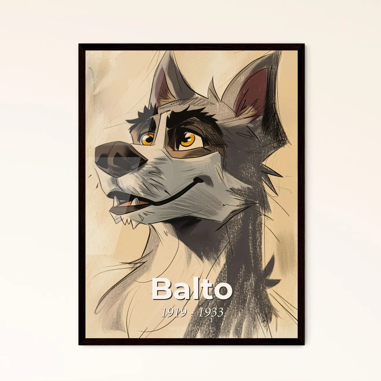 Framed animated-style portrait of Balto the heroic Siberian Husky with text showing his name and years 1919-1933.