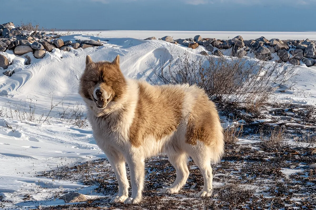 Canadian Eskimo Dog standing on snowy and rocky terrain with a partly cloudy sky in the background.