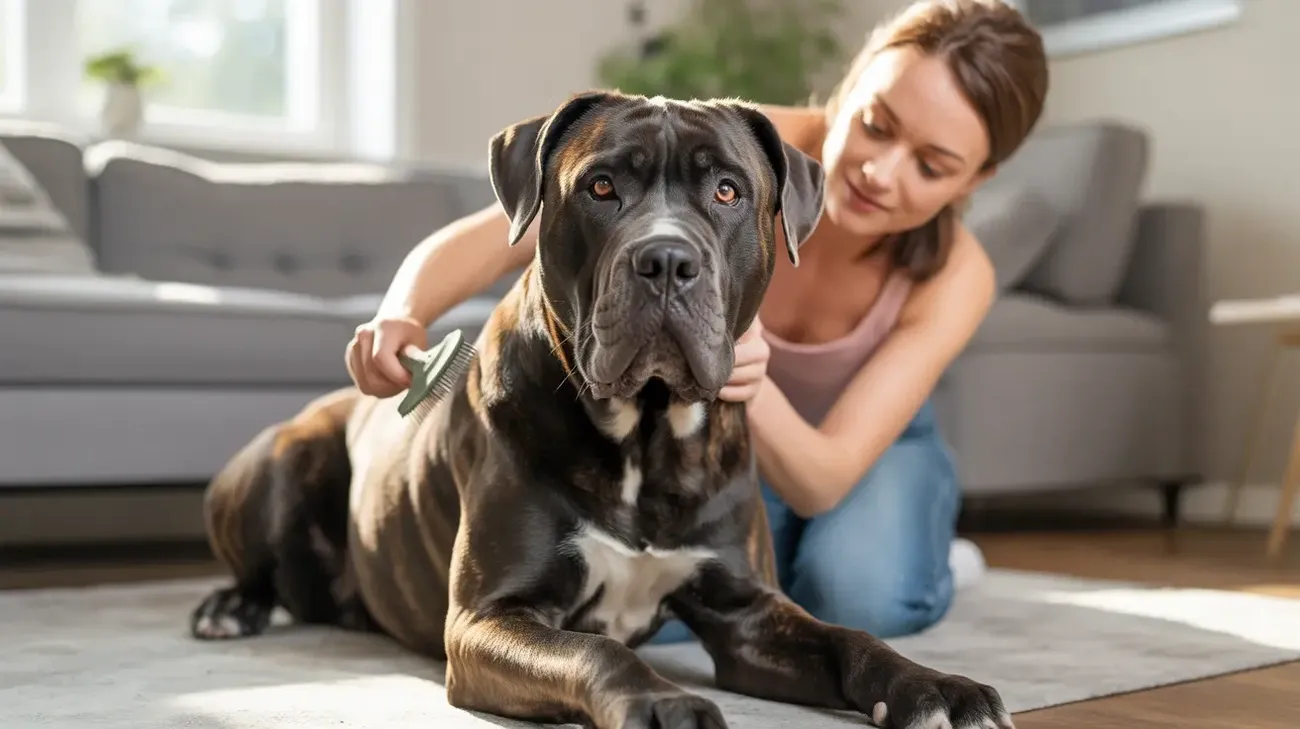 Woman grooming a large black and white Cane Corso dog lying on a carpet in a living room.