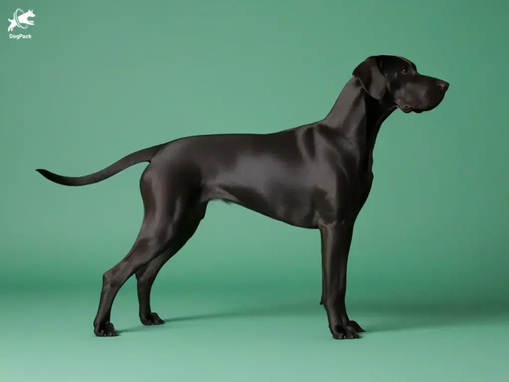 Sleek black Afador dog, a hybrid of Afghan and Labrador breeds, standing in profile against a green background.