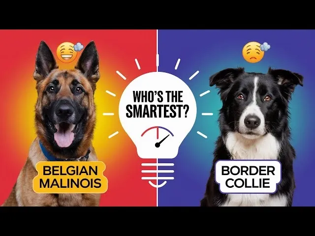 Belgian Malinois and Border Collie face off in a test of intelligence with 'Who's the Smartest?' in the center.