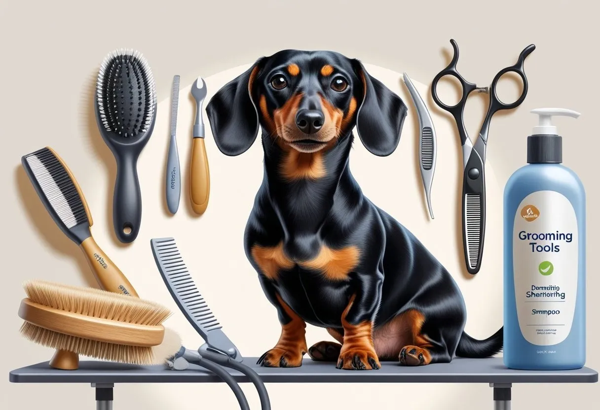 Dachshund surrounded by various grooming tools including brushes, combs, scissors, a nail clipper, and a shampoo bottle on a grooming table.