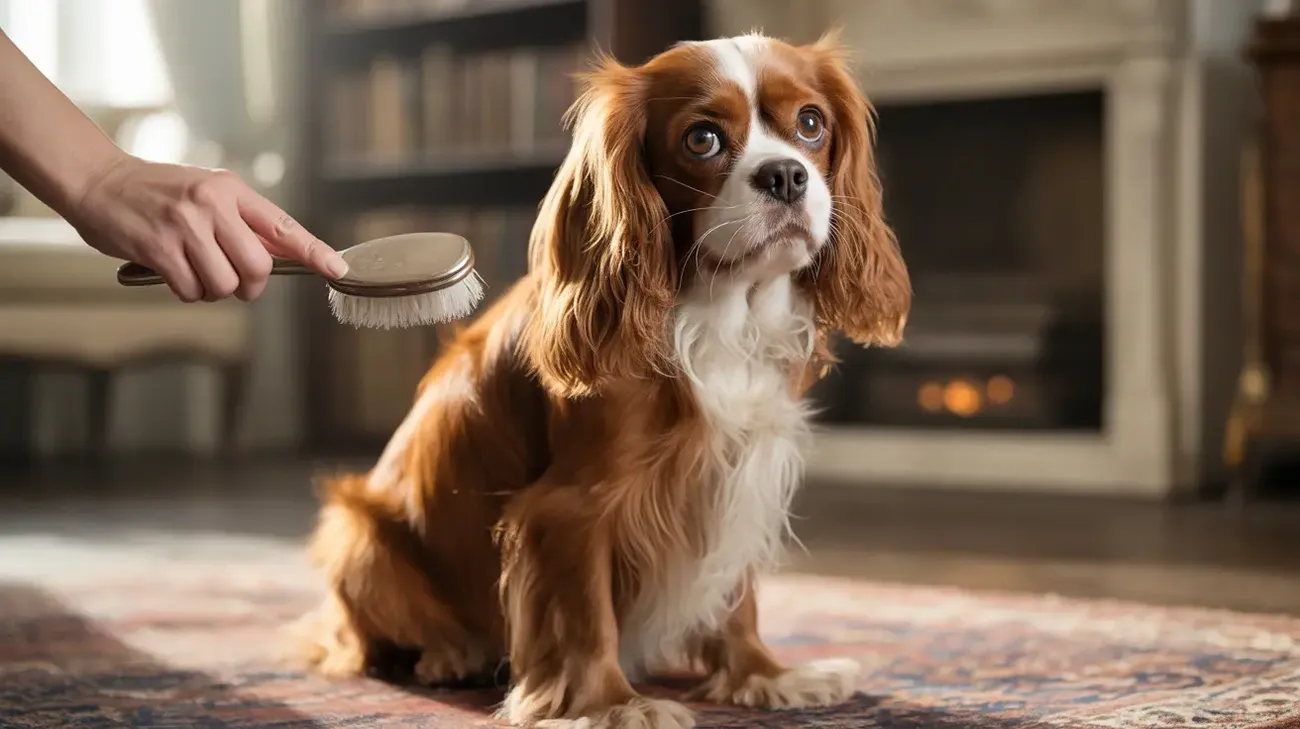 Person brushing a calm Cavalier King Charles Spaniel sitting on a rug in a cozy living room.