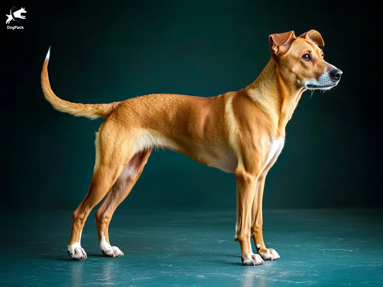 Side profile of a tan Indian Pariah Dog standing alert against a dark background, showcasing its lean and resilient build.