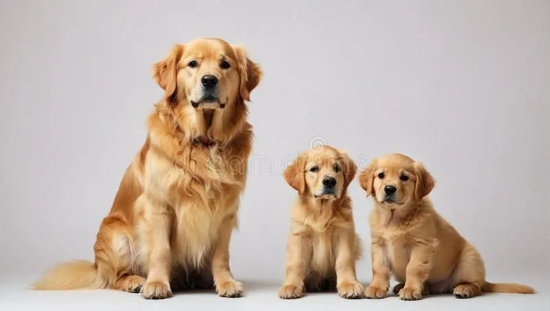 Three golden retrievers of different ages sitting side by side against a plain background.