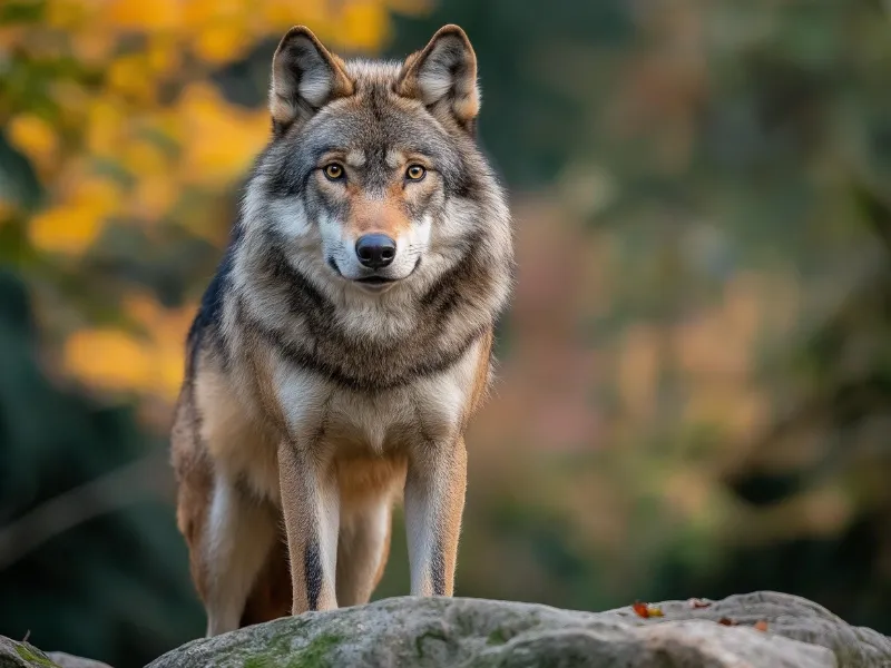 Majestic Czechoslovakian Wolfdog standing on a rock with a blurred autumn forest background.