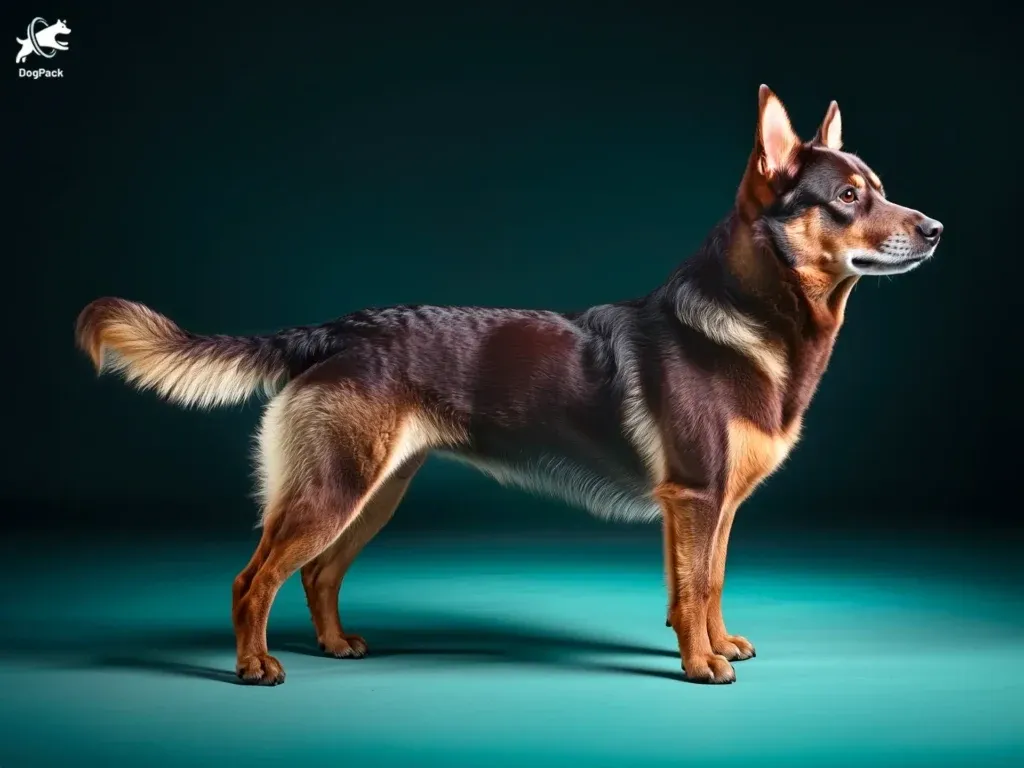 Side profile of an alert Australian Kelpie dog standing on a teal surface with a dark background.
