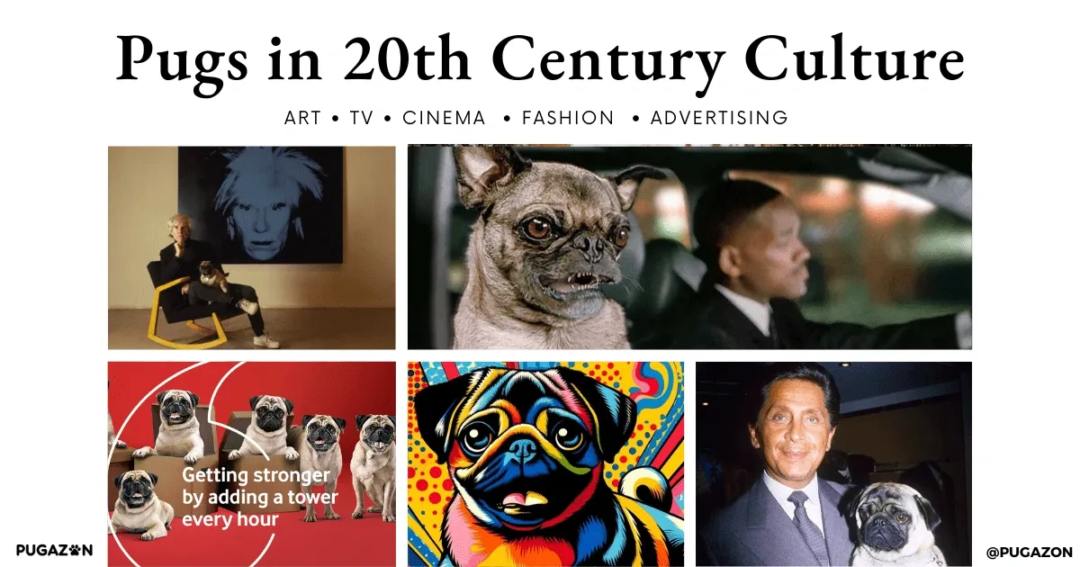 Collage showing pugs in art, cinema, advertising, and fashion throughout 20th century culture.