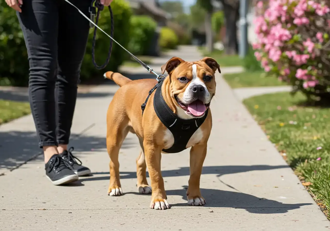 Continental Bulldog puppy on a leash standing on a sidewalk next to person wearing black pants and shoes.