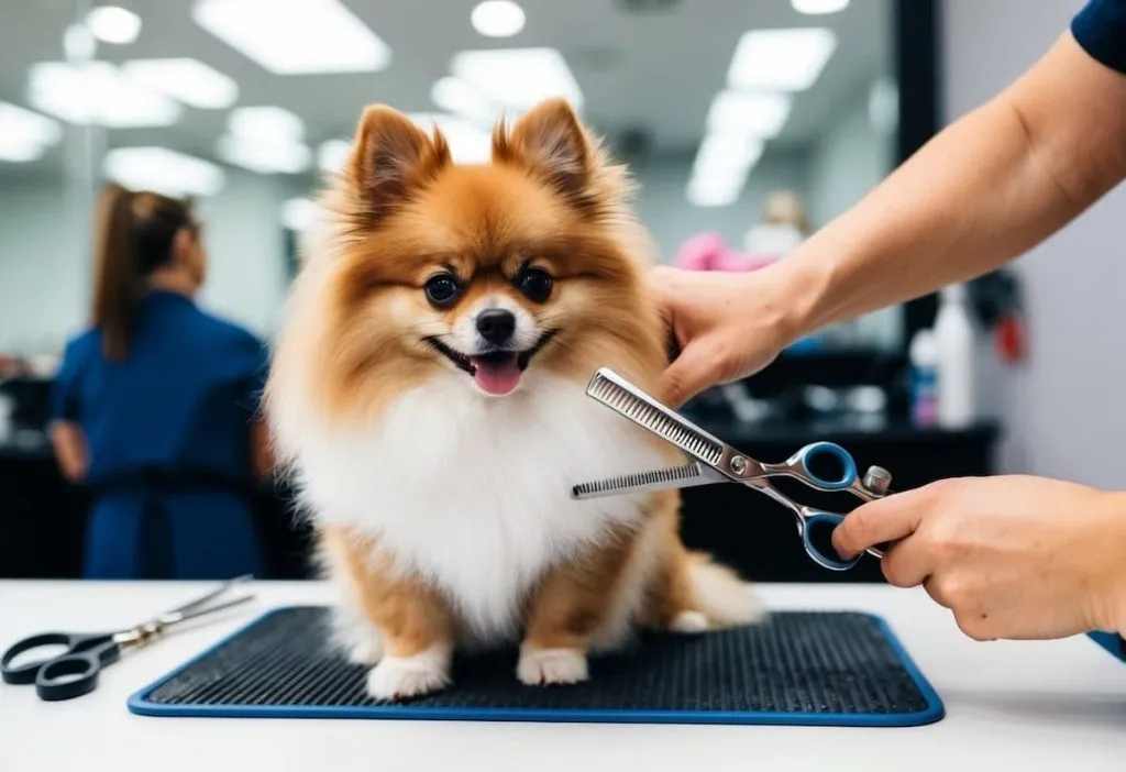 A happy Pomeranian dog being groomed with thinning scissors on a grooming table in a salon.