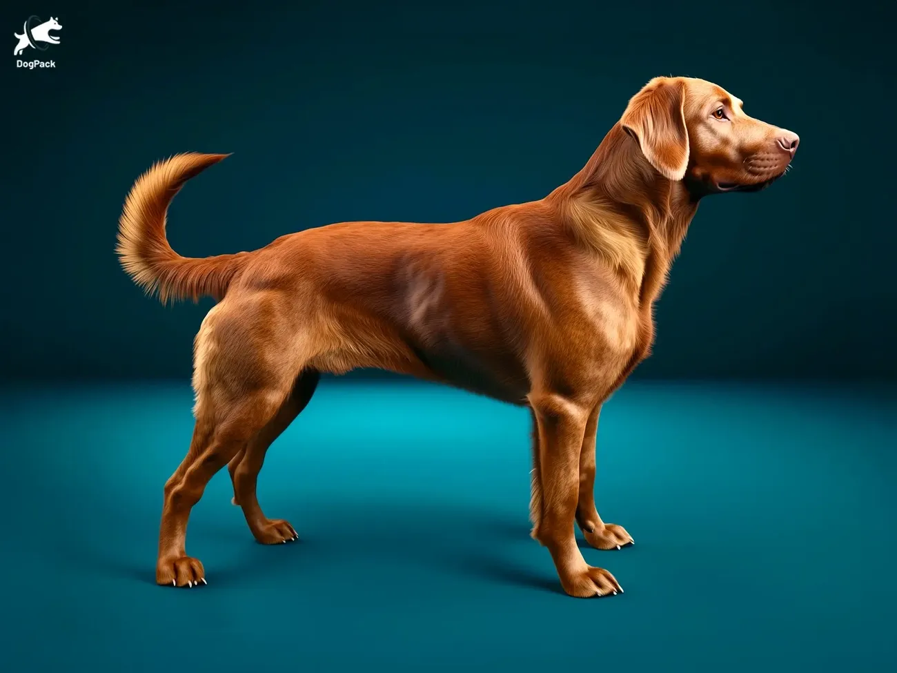 Side view of a muscular Chesapeake Bay Retriever with a reddish-brown coat standing on a blue floor against a dark background.