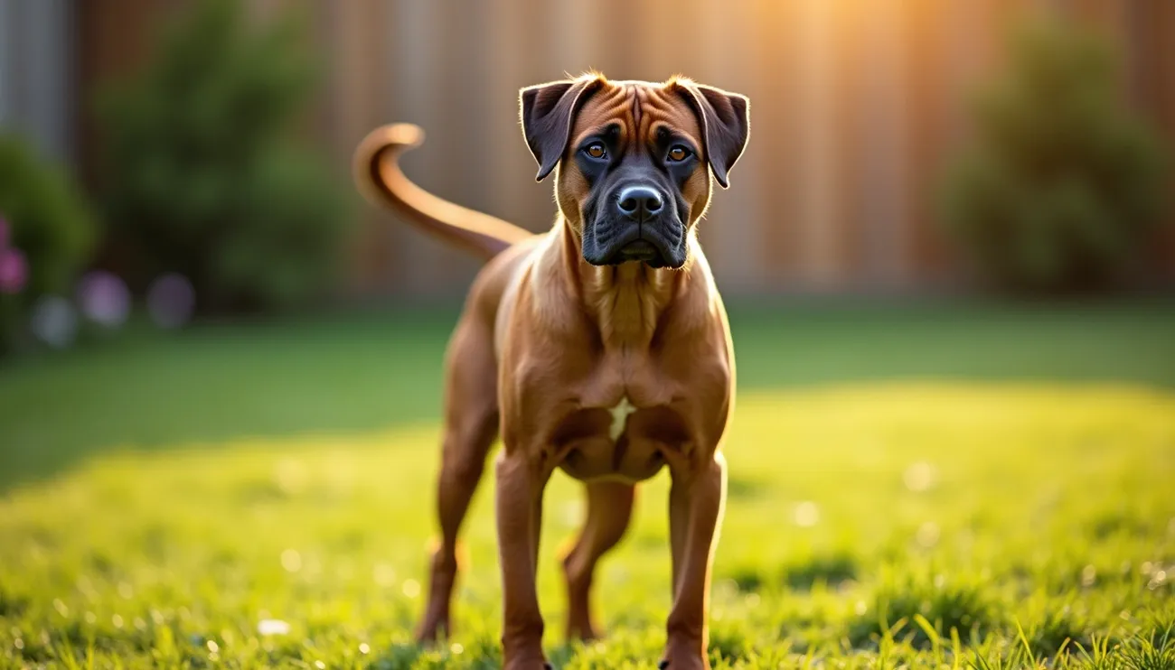 Boxador dog standing on sunlit grass with a blurred background in a backyard setting.