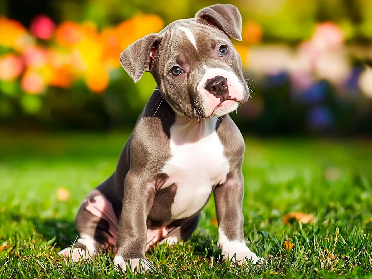 Young American Staffordshire Terrier puppy sitting on grass with a colorful blurred garden background.
