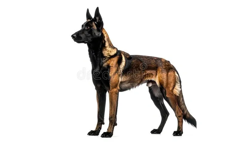 Side profile of a Belgian Malinois dog standing on a white background, alert and attentive.