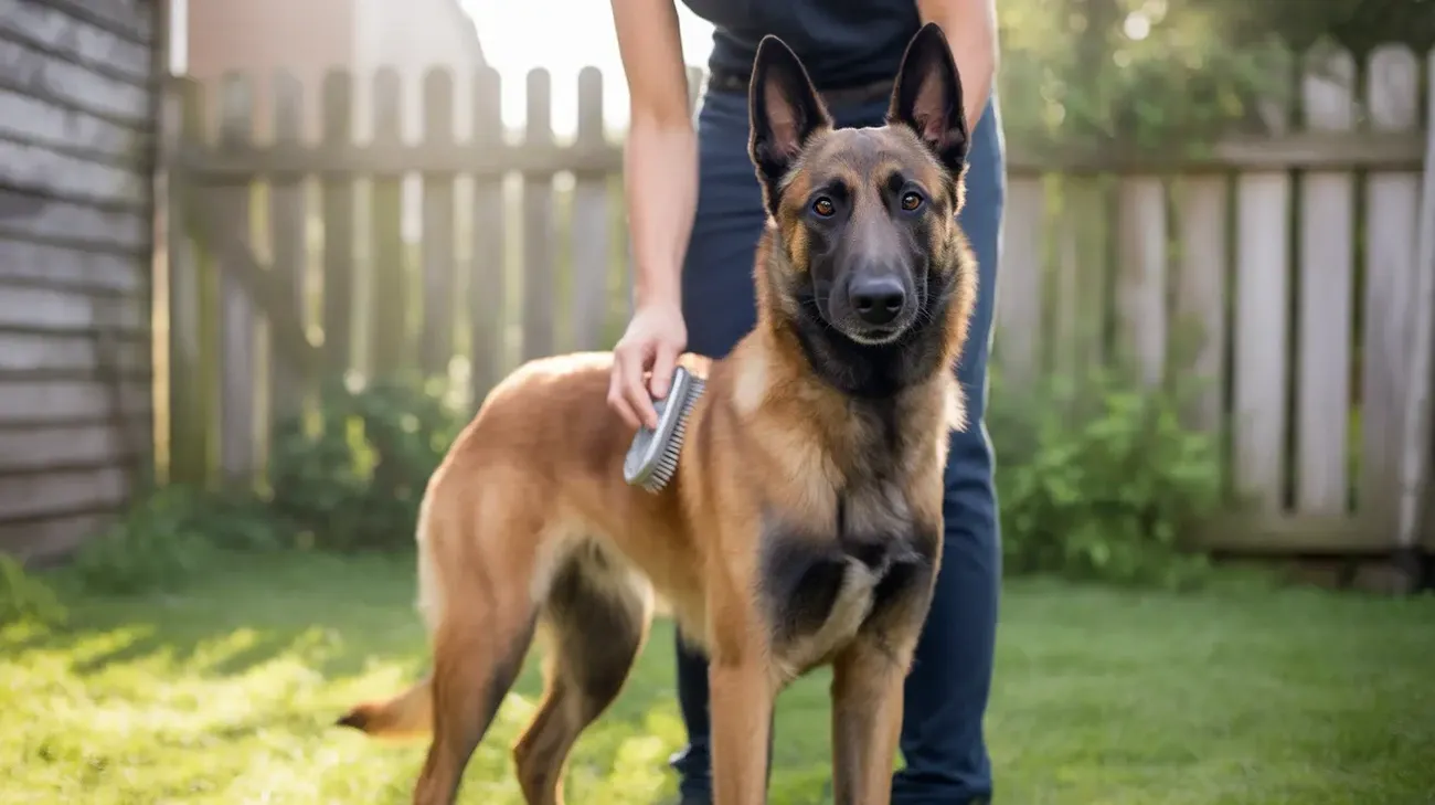 Person grooming a Belgian Malinois with a brush in a sunny backyard with a wooden fence.