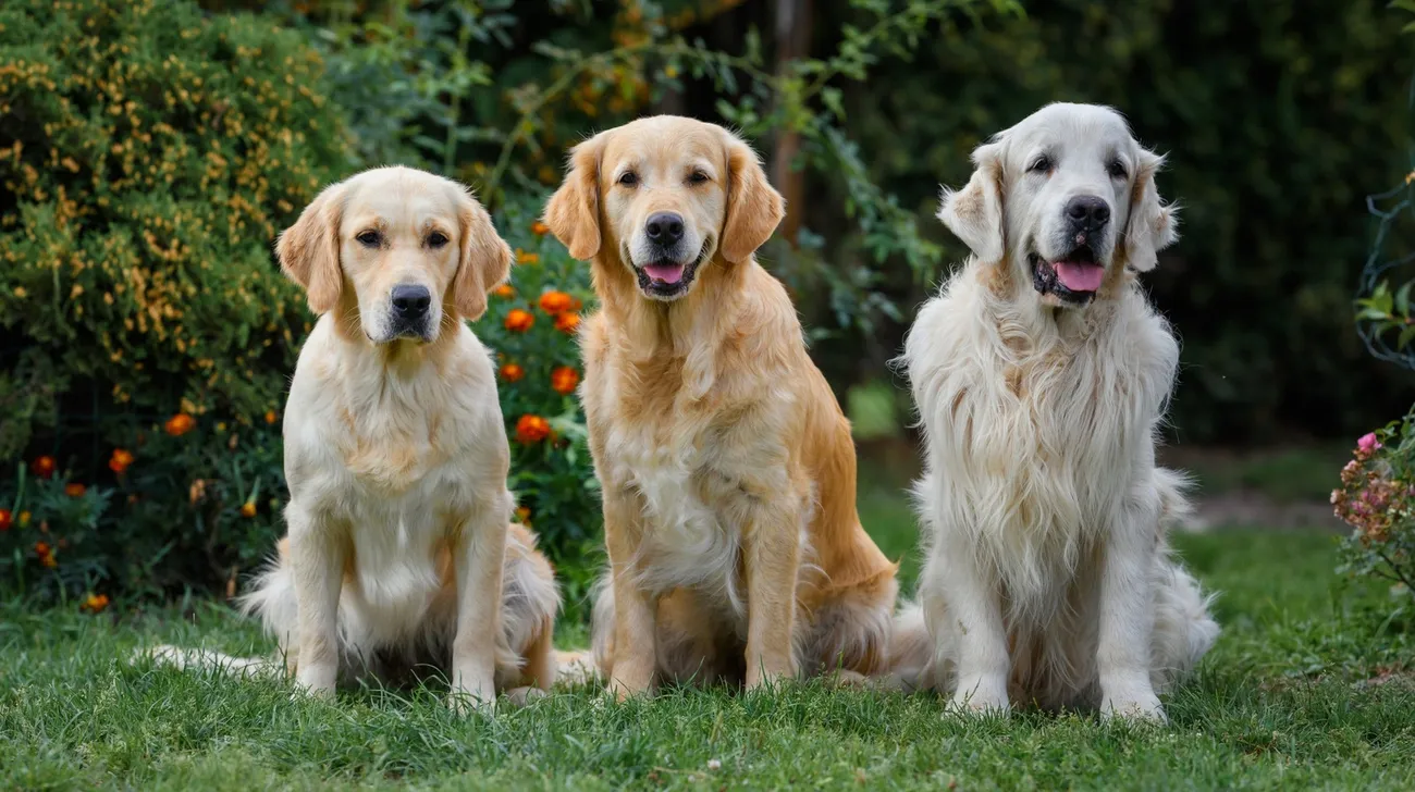 Three Golden Retrievers with different coat types and colors sitting on grass in a garden setting.