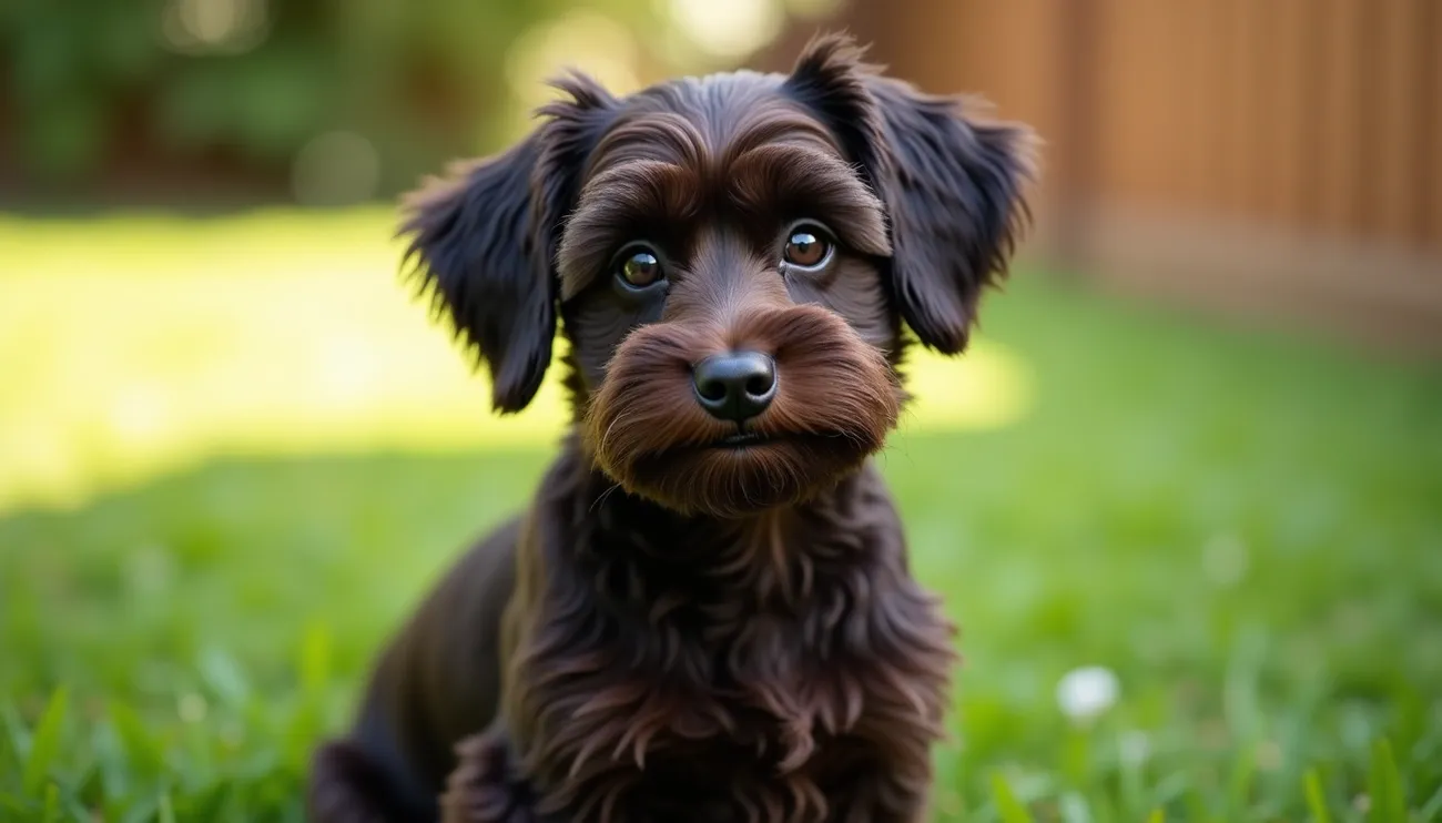 Close-up of a fluffy dark brown Affenpoo dog sitting on grass with an attentive expression outdoors.