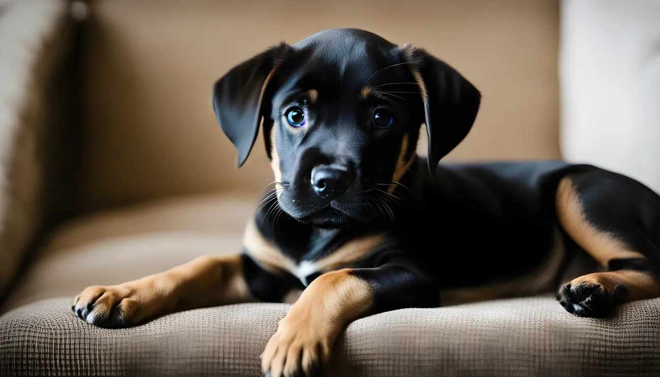 Boxador dog with black and tan fur lying relaxed on a beige couch indoors