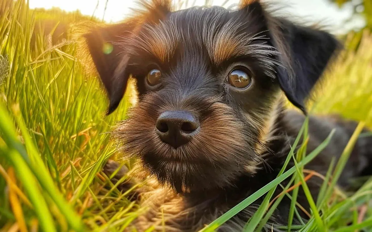 Close-up of a small Affenhuahua puppy lying in green grass with sunlight in the background.