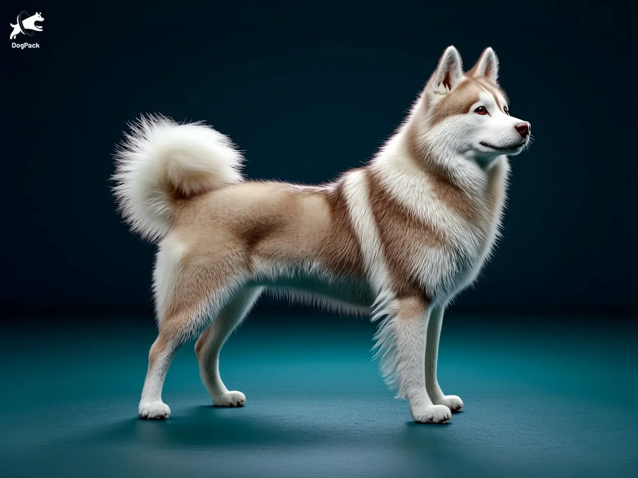 Side profile of a majestic Canadian Eskimo Dog with thick fur and curled tail against a dark background.