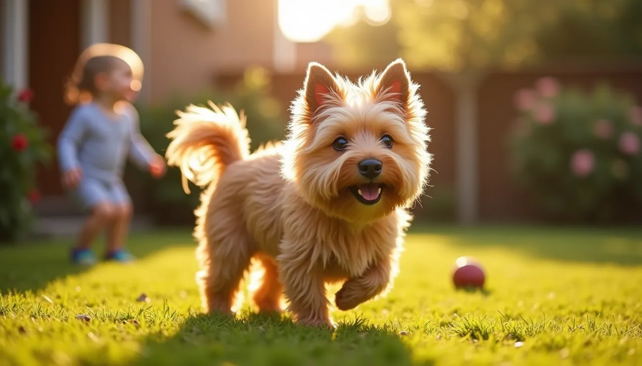 Fluffy Cairn Terrier walking on sunlit grass in a backyard with a child playing in the background.