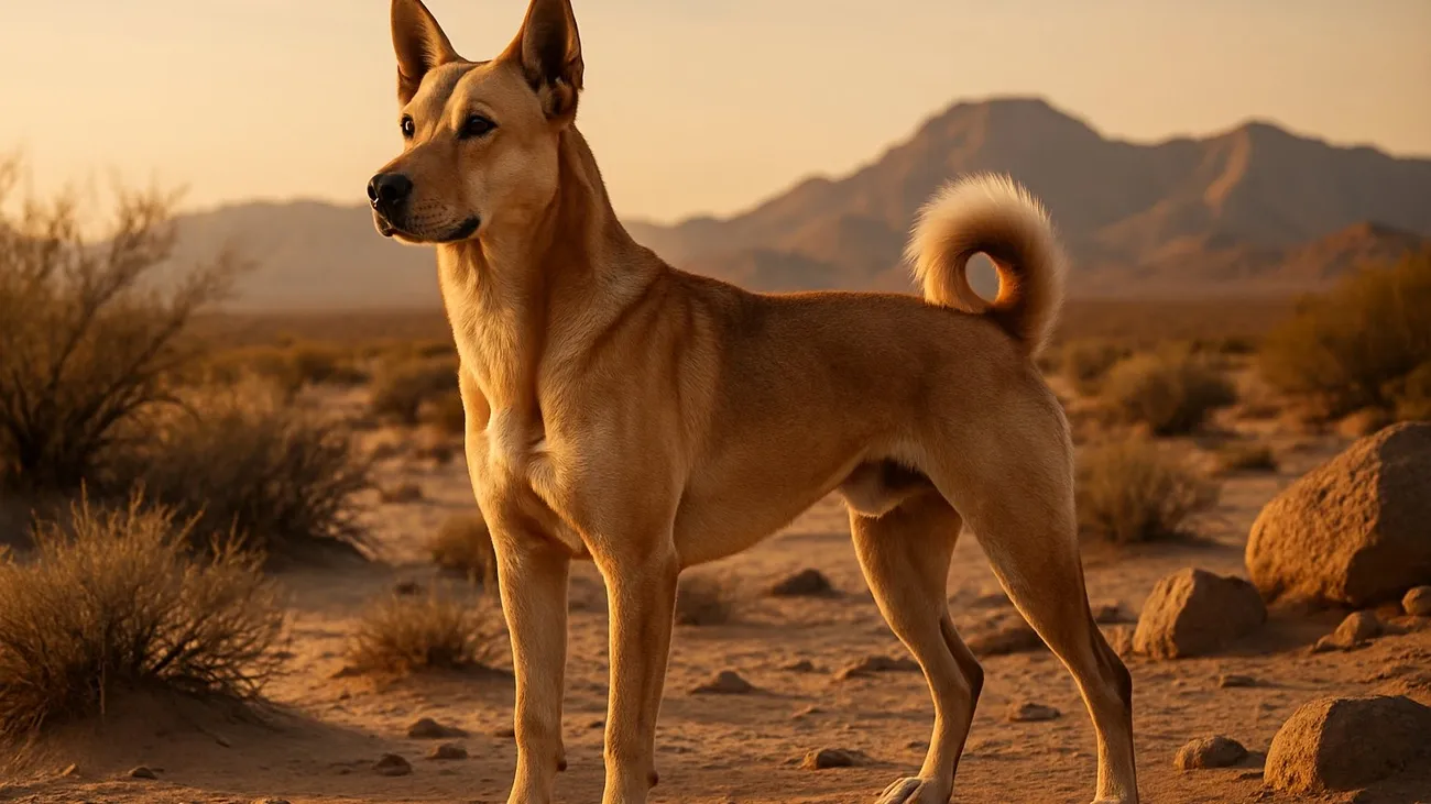 Canaan Dog standing alert in a desert landscape with mountains and dry bushes at sunset.