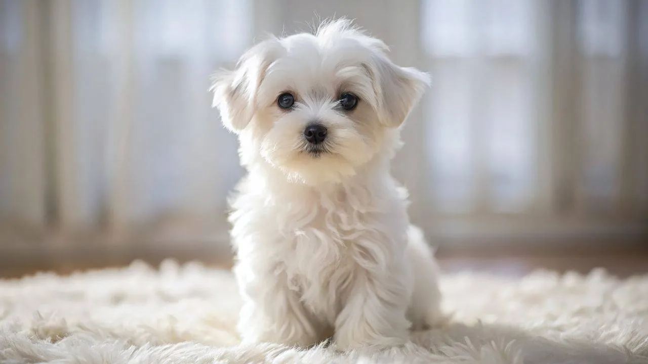 Cute fluffy white Maltese puppy sitting on a soft rug with a gently groomed coat and expressive eyes.