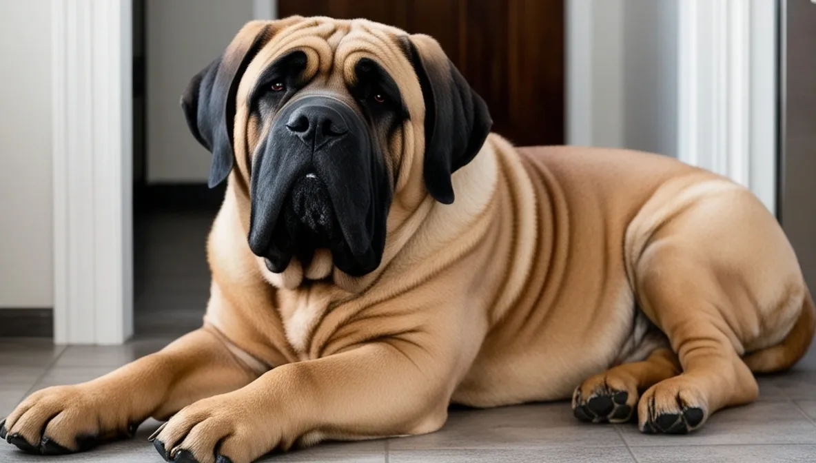 Fawn-colored Mastiff dog with black ears lying on a tiled floor indoors with a calm posture.