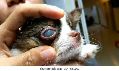 Close-up of a small dog with an eye ulcer being gently examined by a person's hand indoors.