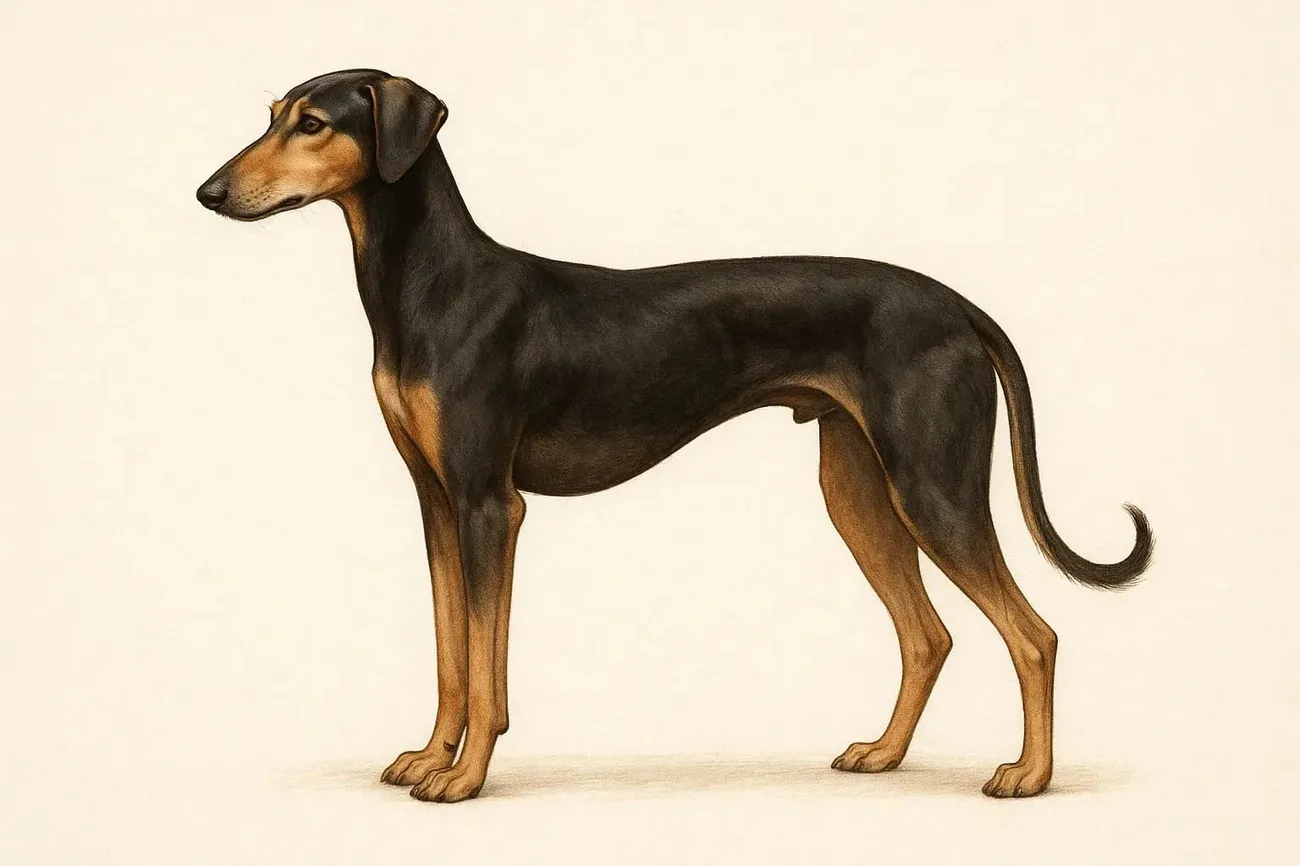 Side profile of a Kanni dog, an Indian breed with a sleek black and tan coat and slender build.