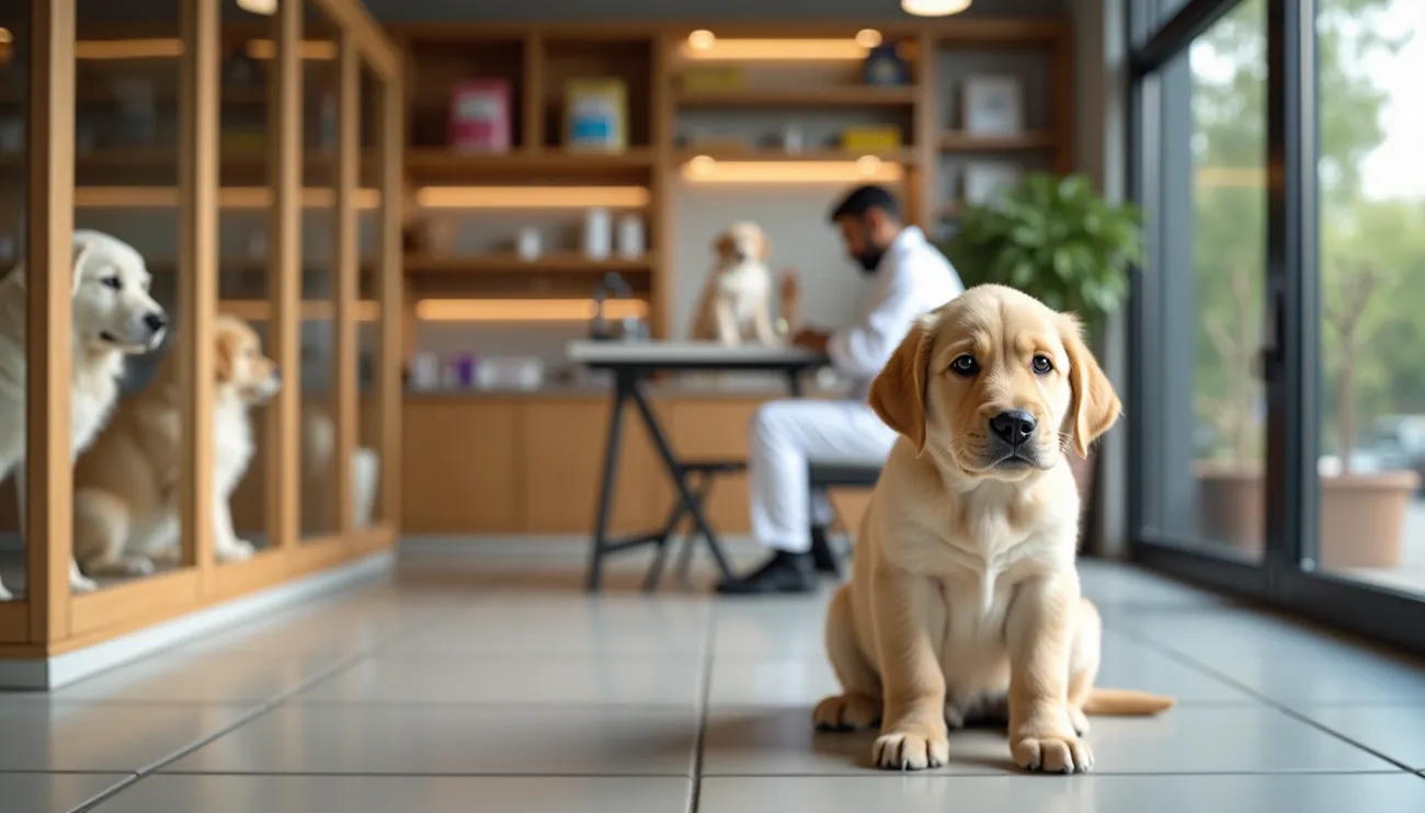 Puppy sitting on the floor in a modern pet store with other dogs in cages and a person working at a desk in the background.
