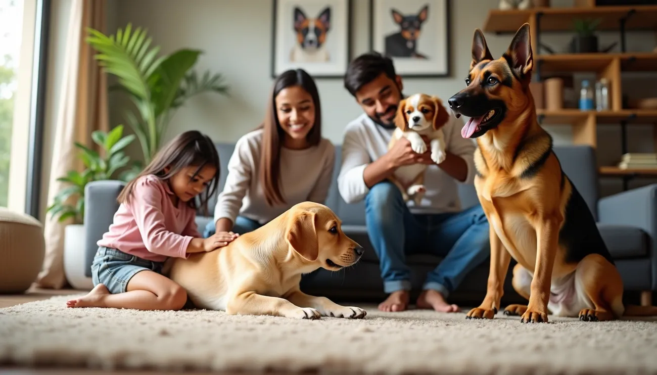 Family with two dogs, including a German Shepherd, in a cozy living room setting with dog portraits on the wall.