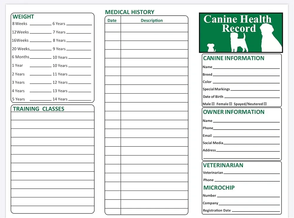 Blank canine health record card with sections for weight, medical history, training, owner, veterinarian, and microchip details.