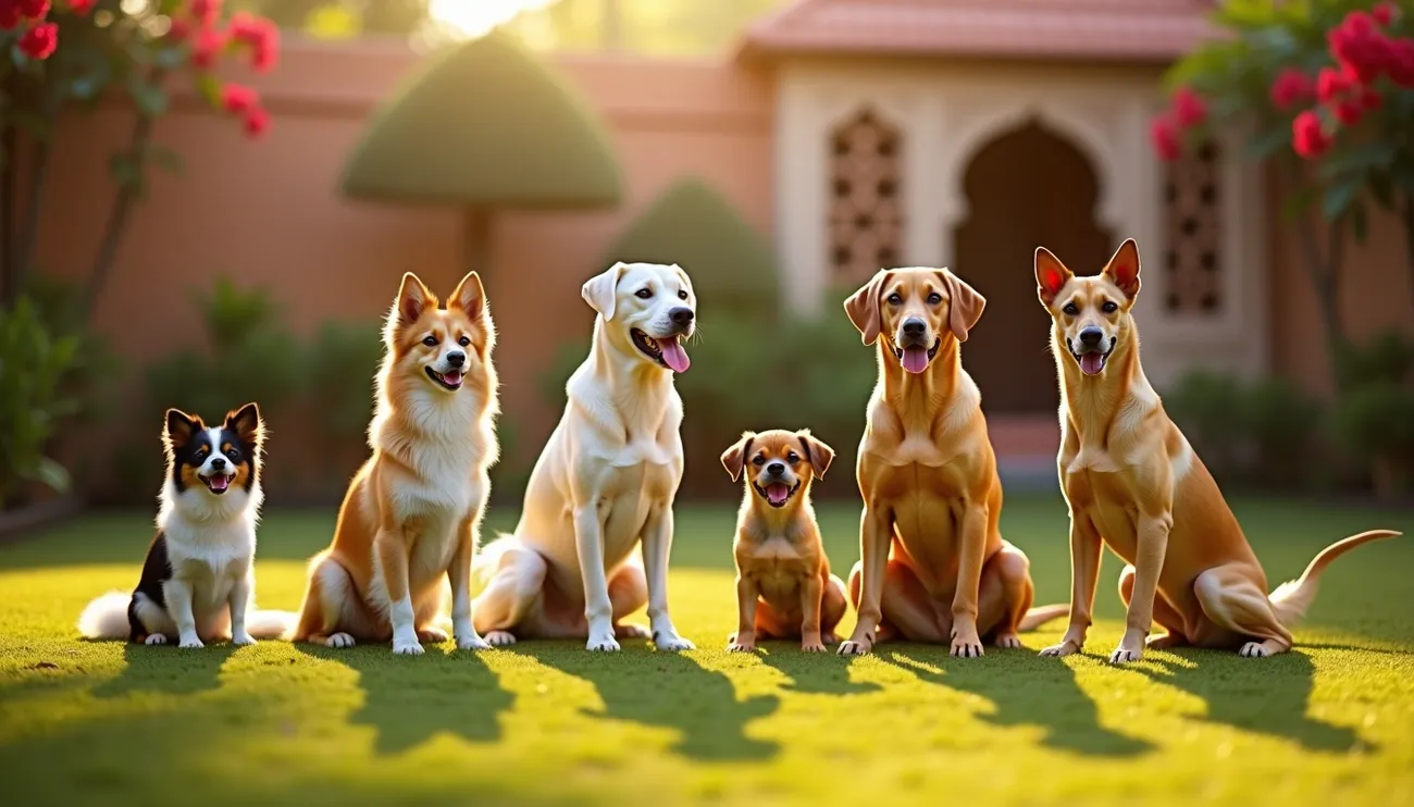Six different dog breeds sitting on grass in a garden with sunlight and traditional Indian architecture in the background.