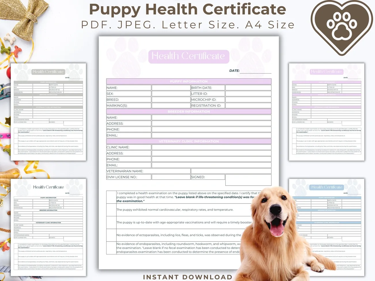 Printable puppy health certificate template with sections for puppy, breeder, and veterinarian information, featuring a golden retriever.
