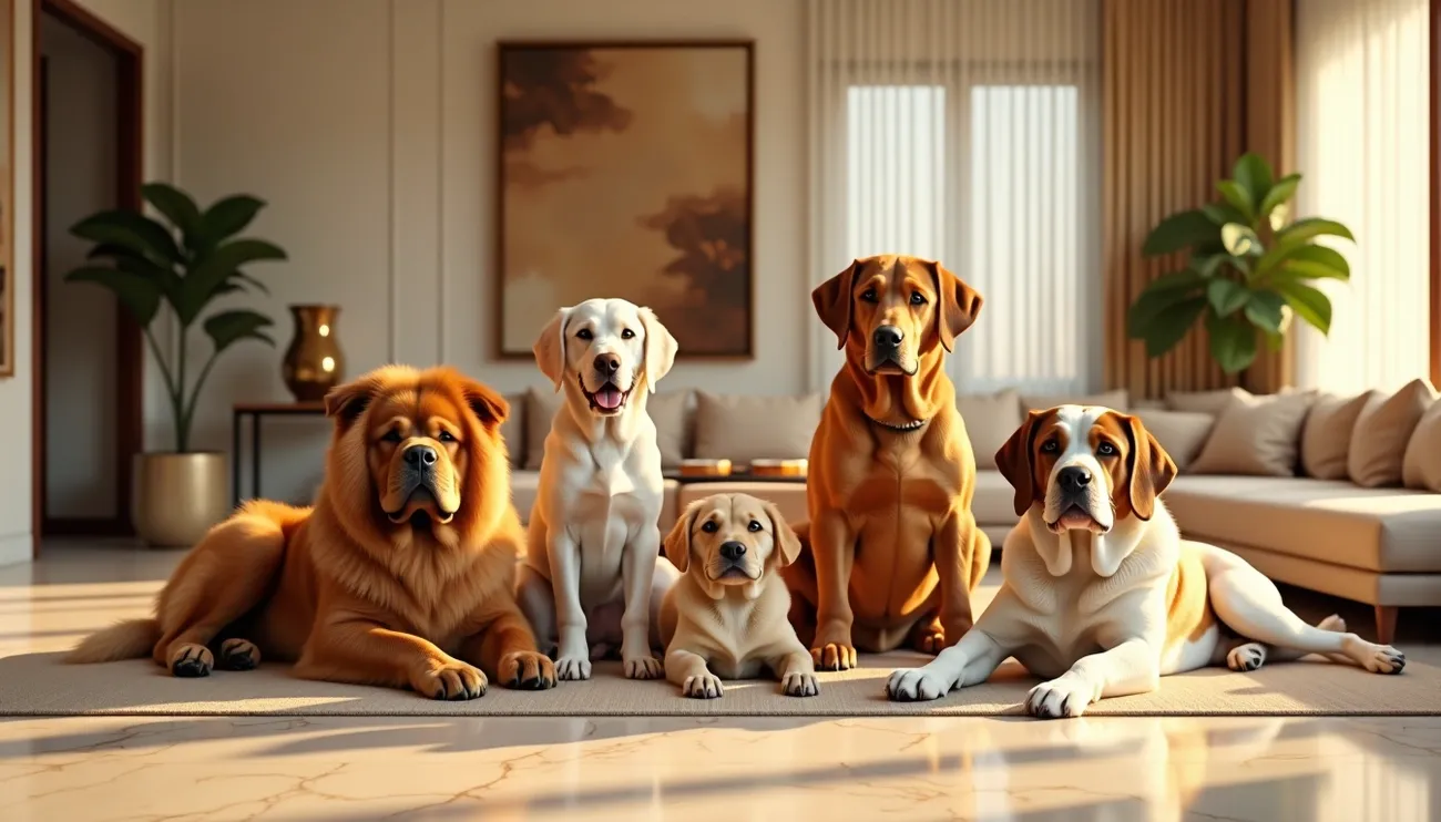 Five dogs of different breeds sitting and lying on a rug in a modern living room with plants and a sofa.